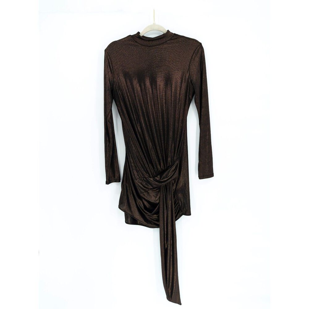 Revolve Womens L h:ours Luna Dress Dark Metallic Brown Long Sleeve Mock Neck
